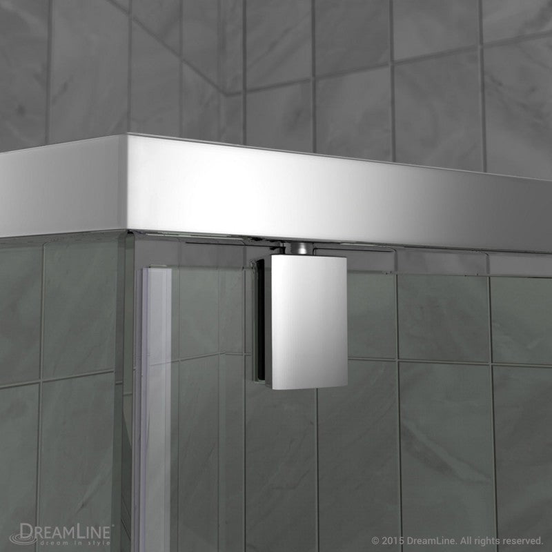 Prism Frameless Neo-Angle Pivot Shower Door for Corner Enclosure Kit with White Shower Base Pan and Corner Drain