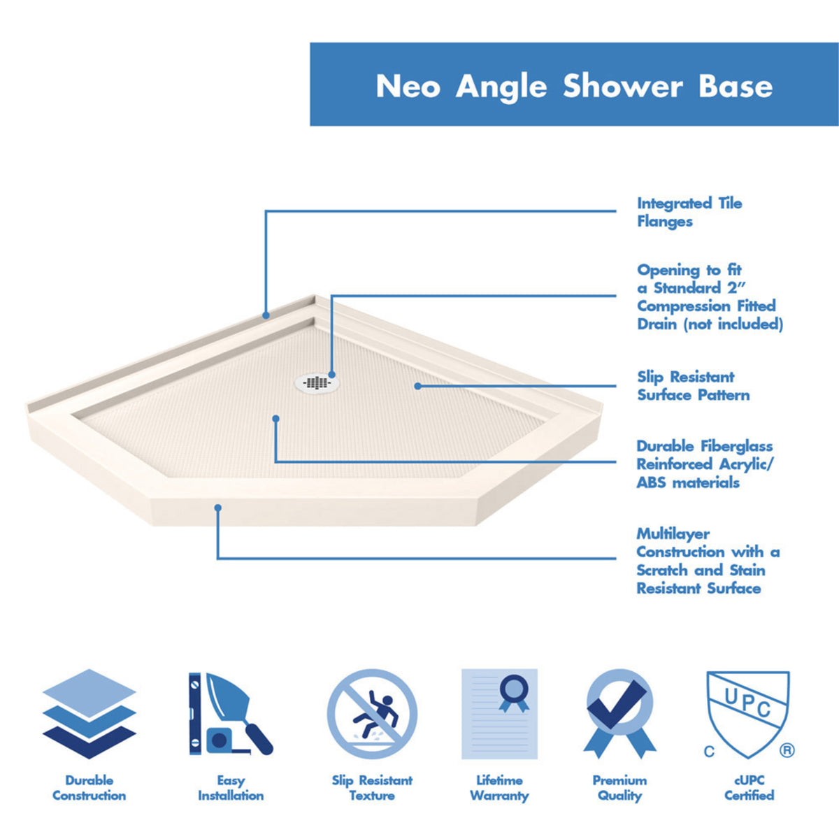 Biscuit neo-angle shower base features, integrated tile flange and corner drain