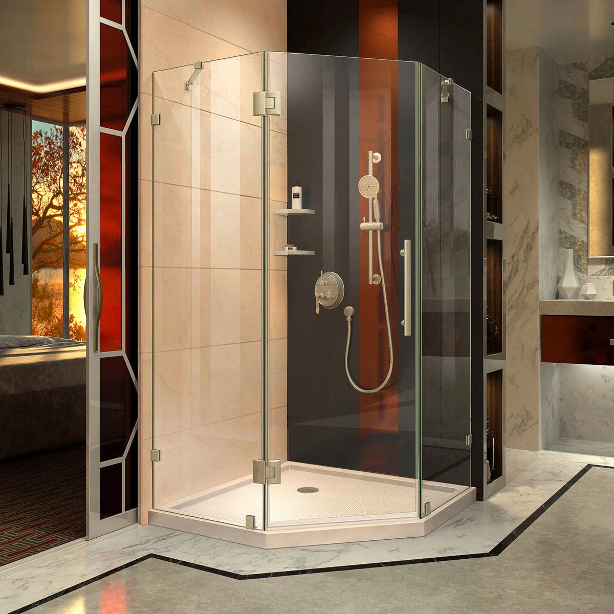 Prism Lux frameless neo-angle hinged shower kit with biscuit base pan and corner drain in Brushed Nickel, front view