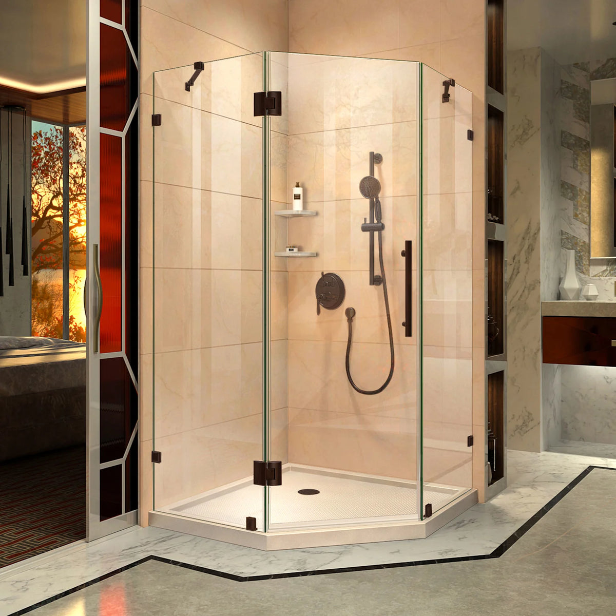 Prism Lux frameless neo-angle hinged shower kit with biscuit base pan and corner drain in Oil Rubbed Bronze