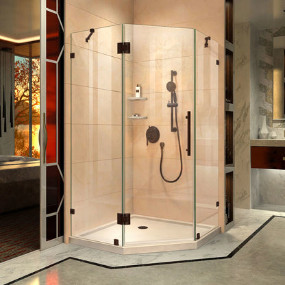 Prism Lux frameless neo-angle hinged shower kit with biscuit base pan and corner drain in Oil Rubbed Bronze