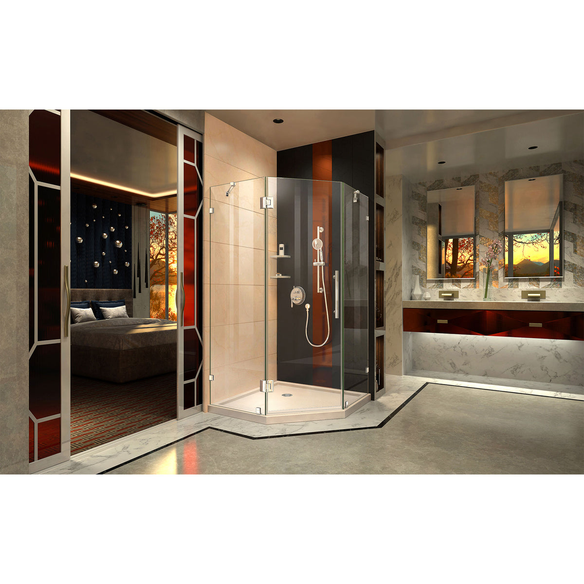 Prism Lux frameless neo-angle shower kit with biscuit base in a bathroom setting, Polished Chrome