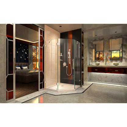Prism Lux frameless neo-angle shower kit with biscuit base in a bathroom setting, Polished Chrome