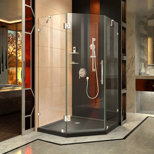 Prism Lux Frameless Neo-Angle Hinged Shower Door for Corner Enclosure Kit with Black Shower Base Pan and Corner Drain