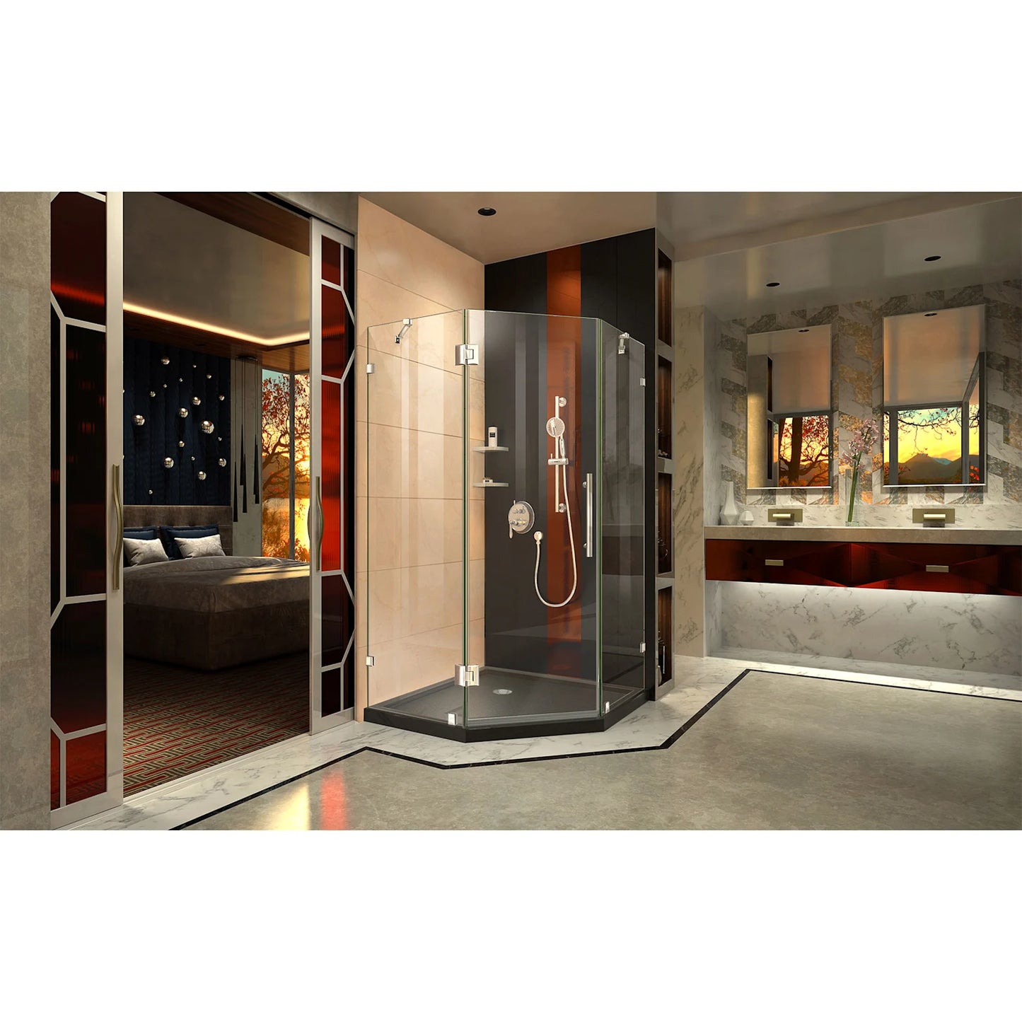 Prism Lux Frameless Neo-Angle Hinged Shower Door for Corner Enclosure Kit with Black Shower Base Pan and Corner Drain