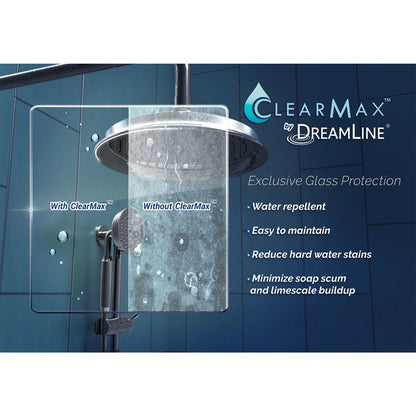 Prism Lux Frameless Neo-Angle Hinged Shower Door for Corner Enclosure Kit with Black Shower Base Pan and Corner Drain