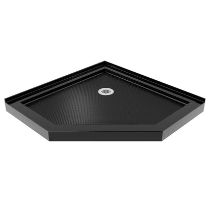 Prism Lux Frameless Neo-Angle Hinged Shower Door for Corner Enclosure Kit with Black Shower Base Pan and Corner Drain