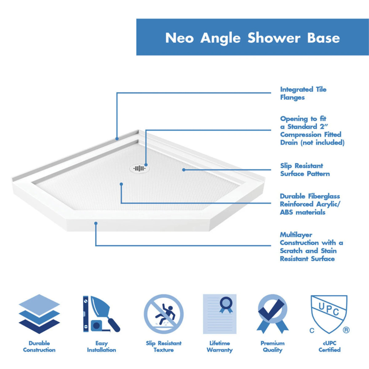 White neo-angle shower base features, integrated tile flange and corner drain