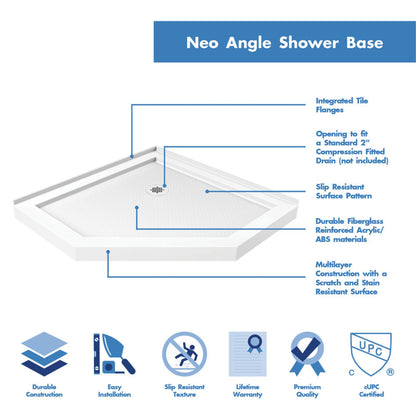 White neo-angle shower base features, integrated tile flange and corner drain