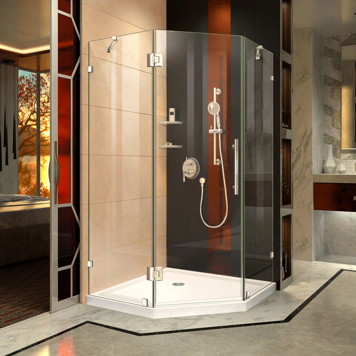 Prism Lux frameless neo-angle hinged shower kit with white base pan and corner drain in Polished Chrome, front view