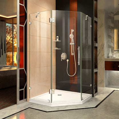 Prism Lux frameless neo-angle hinged shower kit with white base pan and corner drain in Polished Chrome, front view