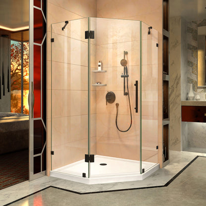 Prism Lux frameless neo-angle hinged shower kit with white base pan and corner drain in Satin Black