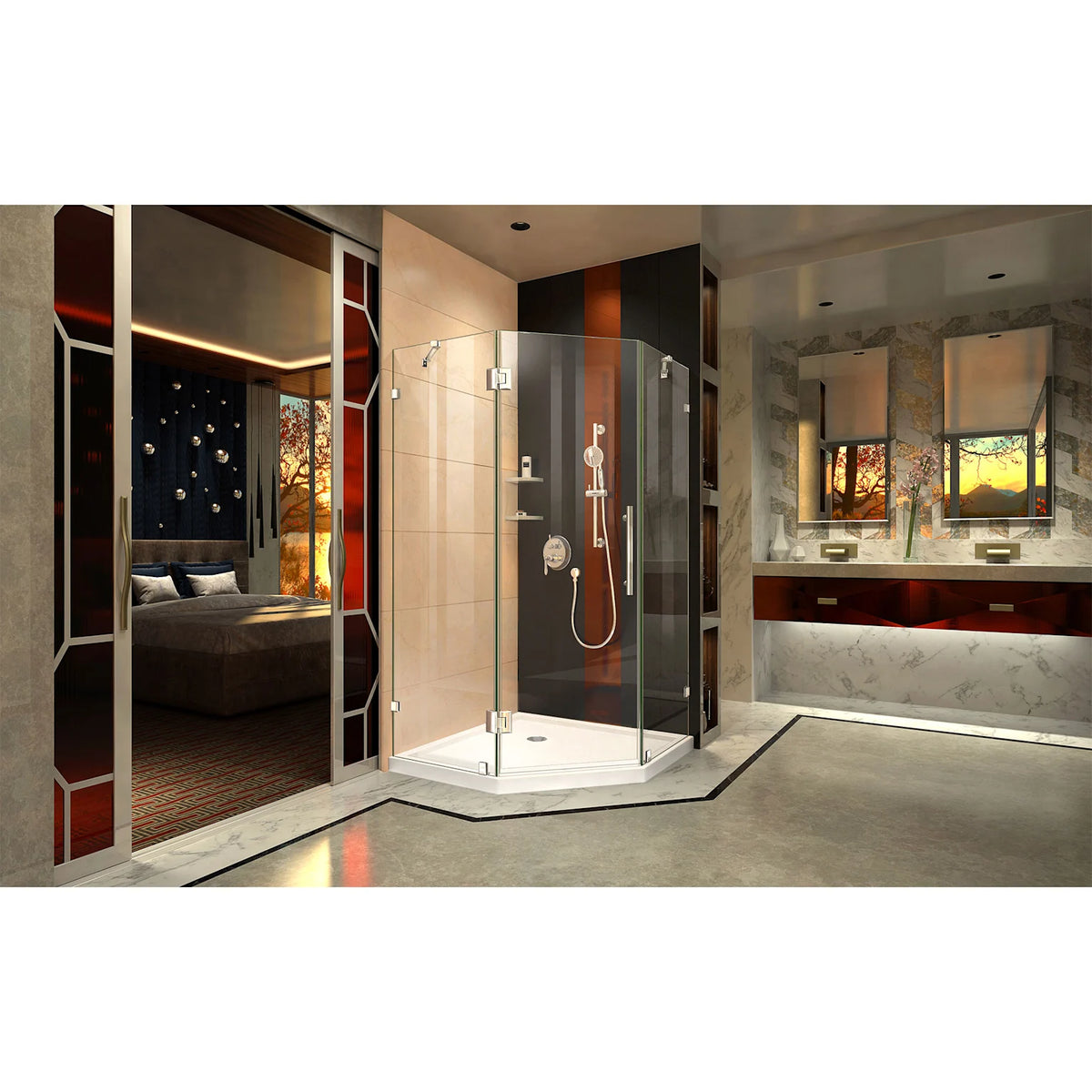 Prism Lux frameless neo-angle shower kit with white base in a bathroom setting, Polished Chrome