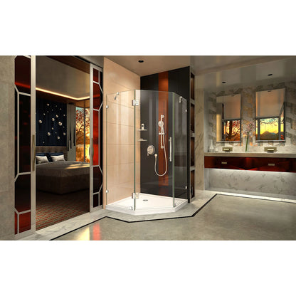 Prism Lux frameless neo-angle shower kit with white base in a bathroom setting, Polished Chrome