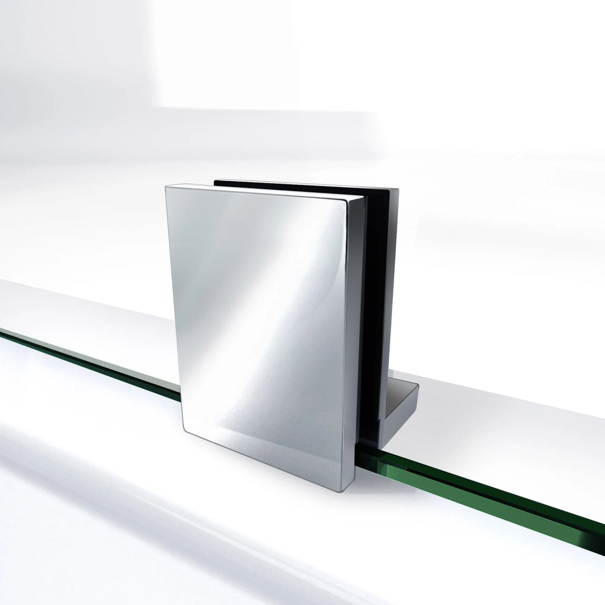 Prism Lux glass to floor bracket detail in Polished Chrome