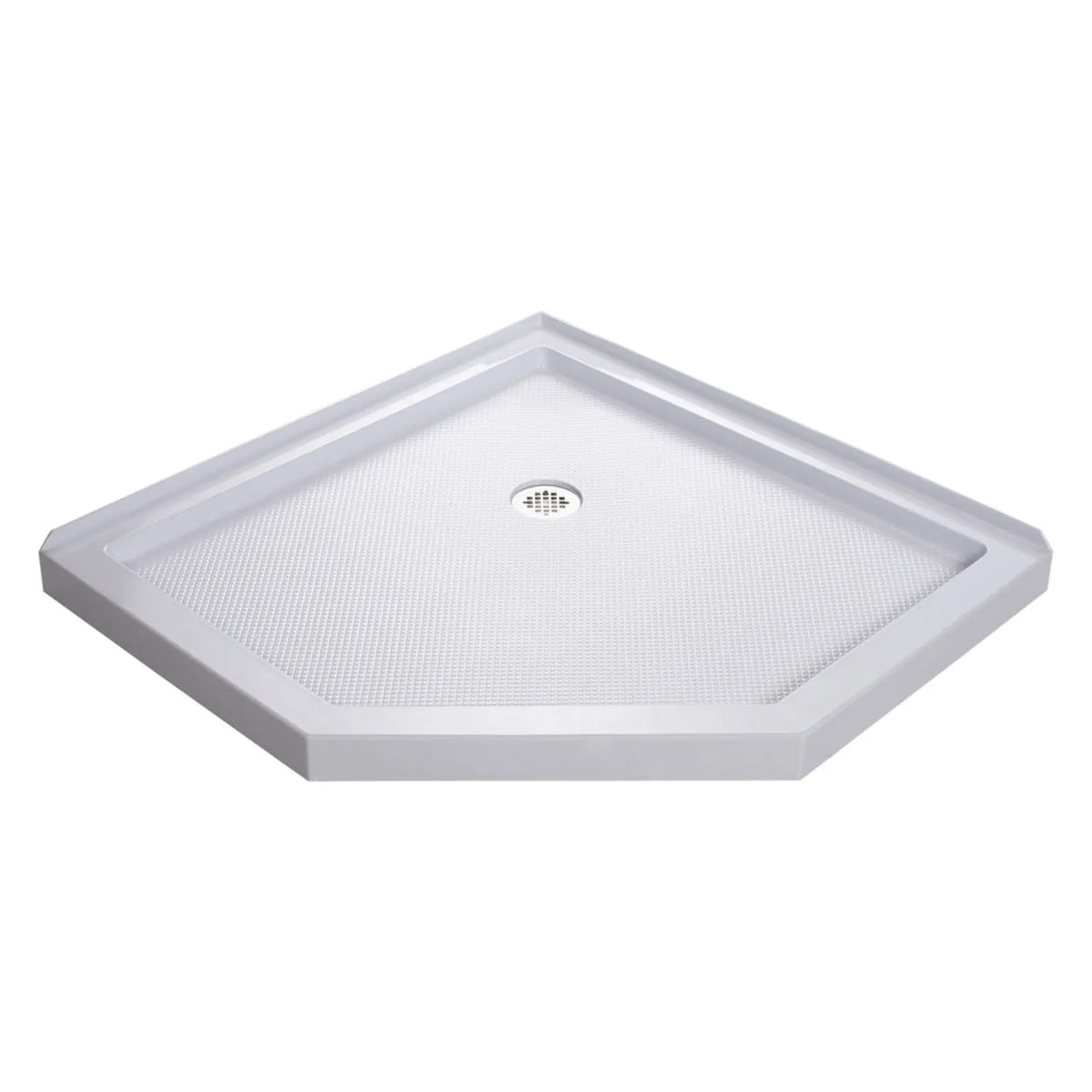 White neo-angle shower base pan with corner drain for the Prism Lux kit