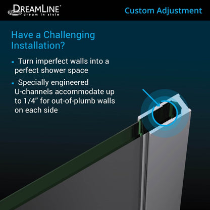 Prism Plus Frameless Neo-Angle Hinged Shower Door for Corner Enclosure Kit with Black Shower Base Pan and Corner Drain