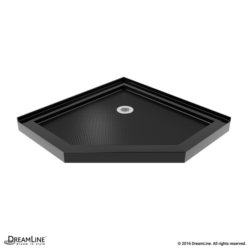 Prism Plus Frameless Neo-Angle Hinged Shower Door for Corner Enclosure Kit with Black Shower Base Pan and Corner Drain