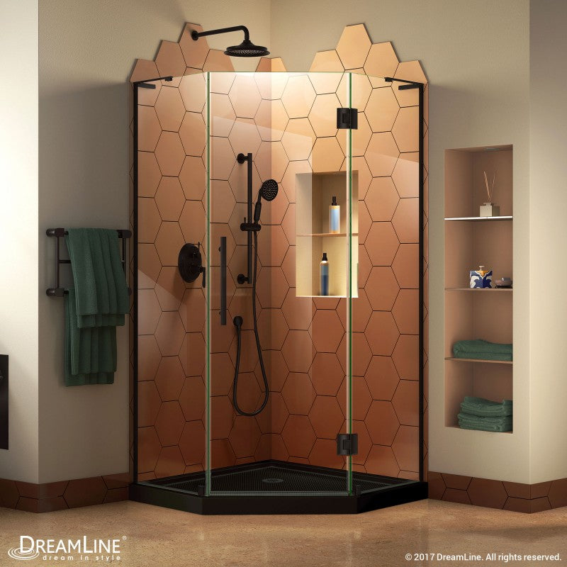 Prism Plus Frameless Neo-Angle Hinged Shower Door for Corner Enclosure Kit with Black Shower Base Pan and Corner Drain