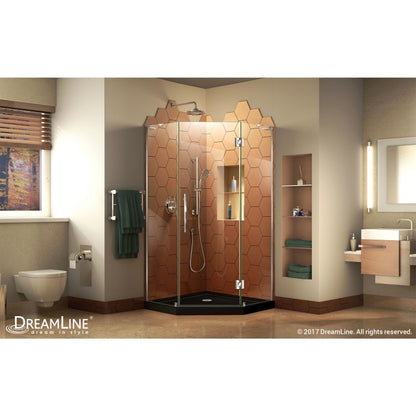 Prism Plus Frameless Neo-Angle Hinged Shower Door for Corner Enclosure Kit with Black Shower Base Pan and Corner Drain