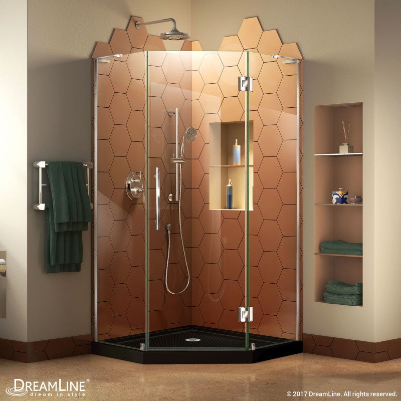Prism Plus Frameless Neo-Angle Hinged Shower Door for Corner Enclosure Kit with Black Shower Base Pan and Corner Drain