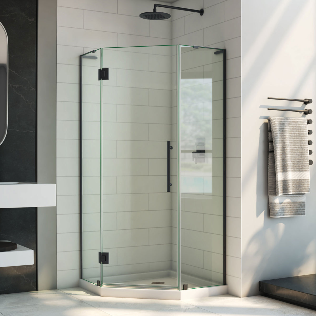 Prism Plus frameless neo-angle hinged shower enclosure kit with white base pan in Satin Black