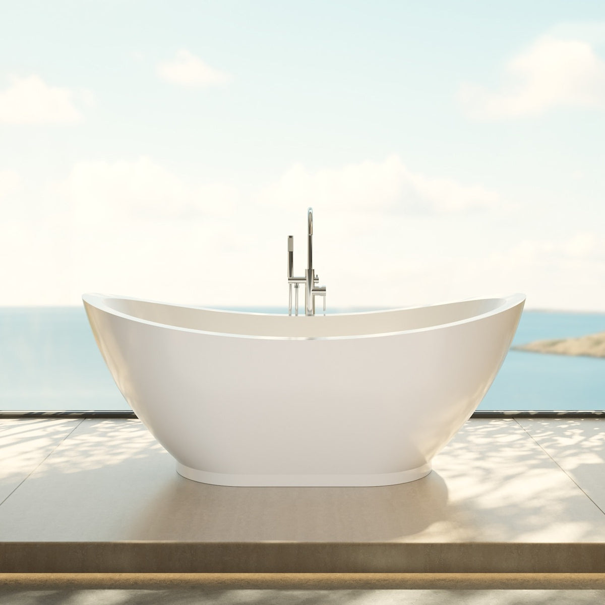 Prospero 69 inch freestanding acrylic bathtub in gloss white, shown in a styled setting