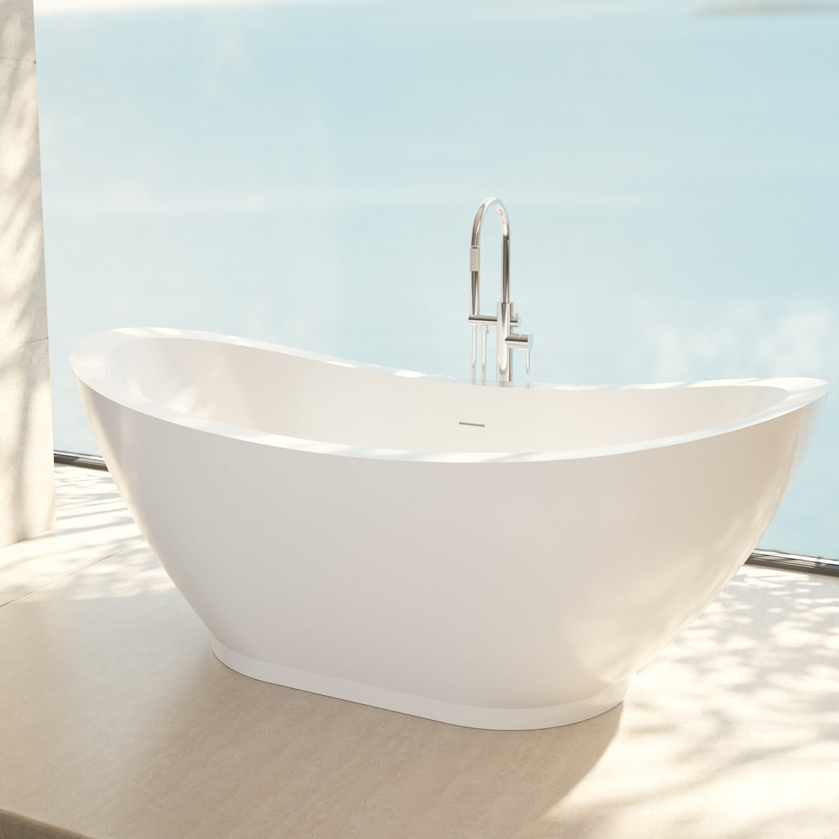 Prospero 69 inch freestanding acrylic bathtub in gloss white, shown in a styled setting