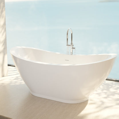 Prospero 69 inch freestanding acrylic bathtub in gloss white, shown in a styled setting