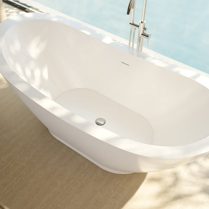 Prospero 69 inch freestanding acrylic bathtub in gloss white with Polished Nickel drain, shown in a styled setting