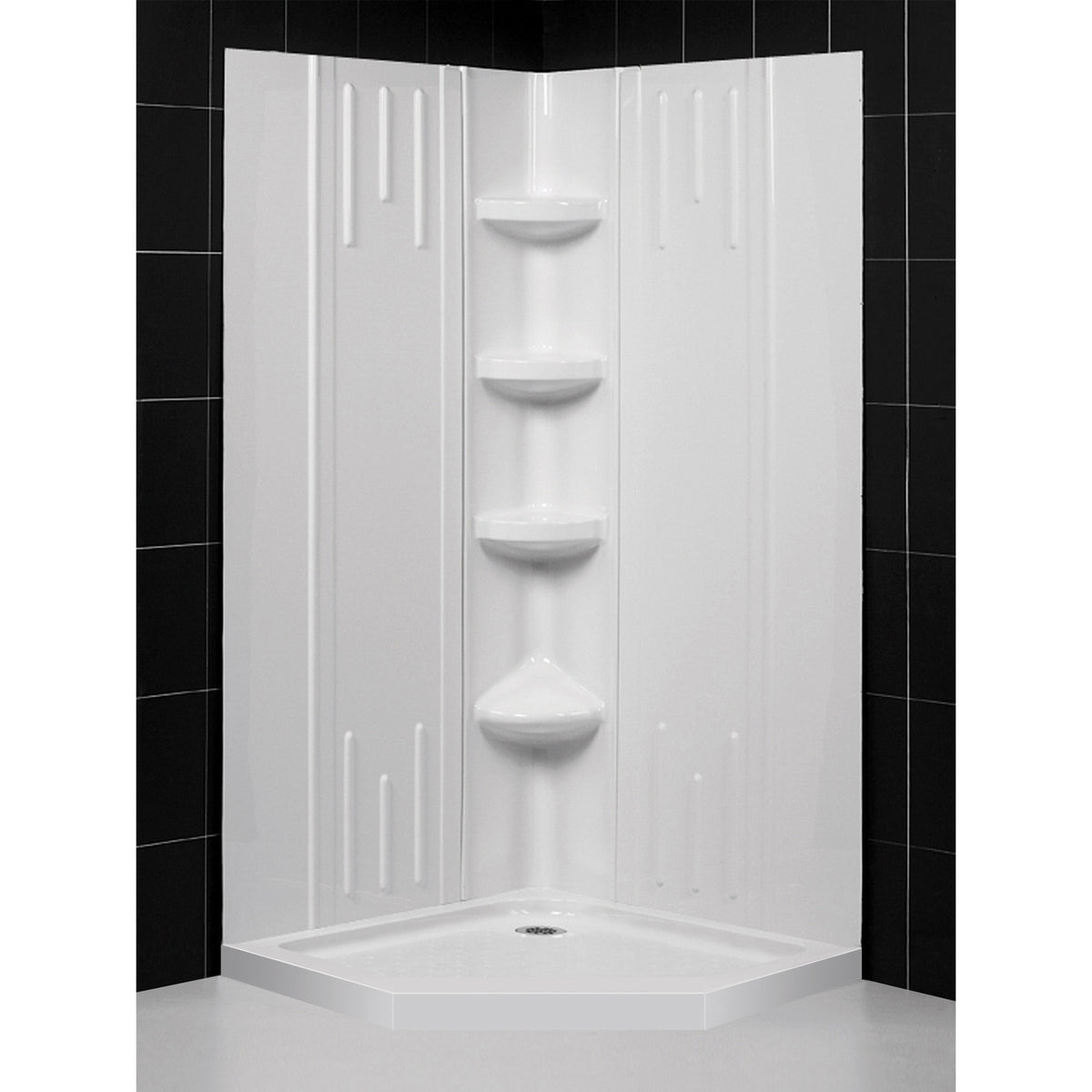 QWALL-2 acrylic corner shower wall kit with white shower base pan installed in a bathroom