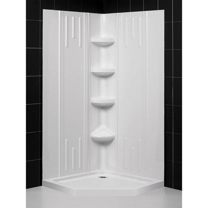 QWALL-2 acrylic corner shower wall kit with white shower base pan installed in a bathroom