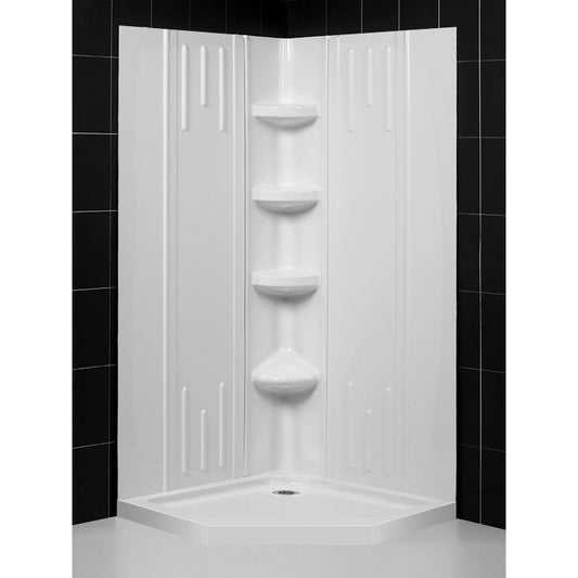 QWALL-2 acrylic corner shower wall kit with white shower base pan installed in a bathroom