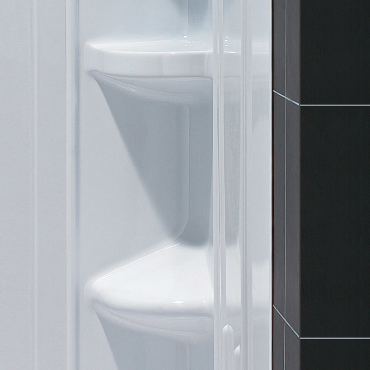 QWALL-2 acrylic corner shower wall kit wall kit integrated shelf and footrest detail