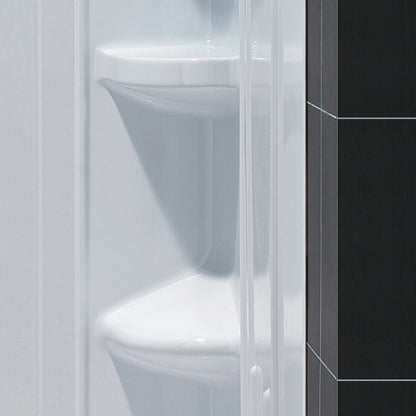 QWALL-2 acrylic corner shower wall kit wall kit integrated shelf and footrest detail