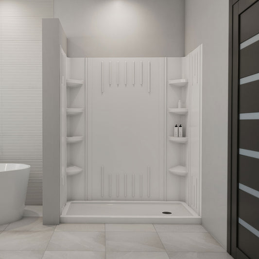 QWALL-3 acrylic shower wall kit with white shower base pan installed in a bathroom