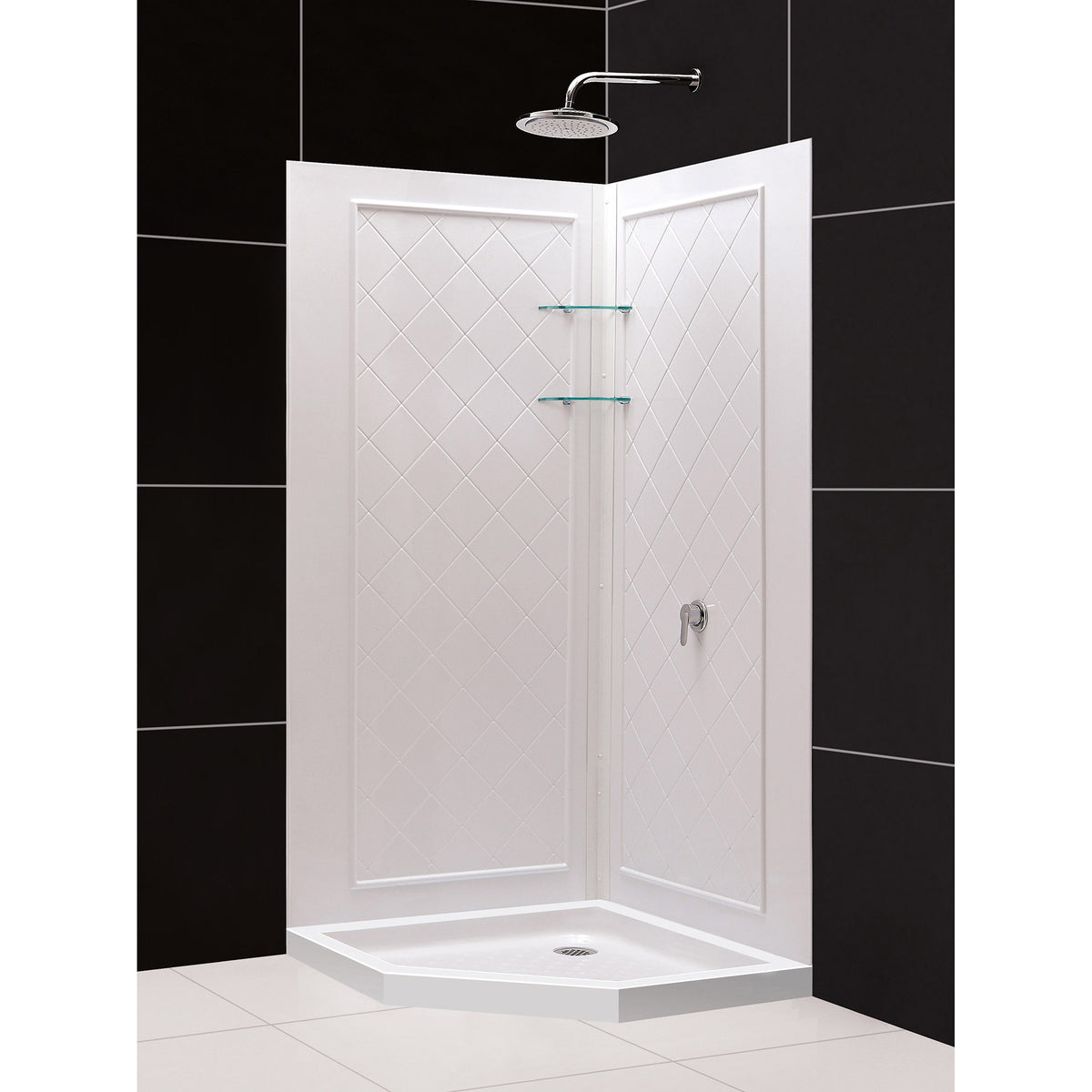 White acrylic low profile shower base pan with corner drain
