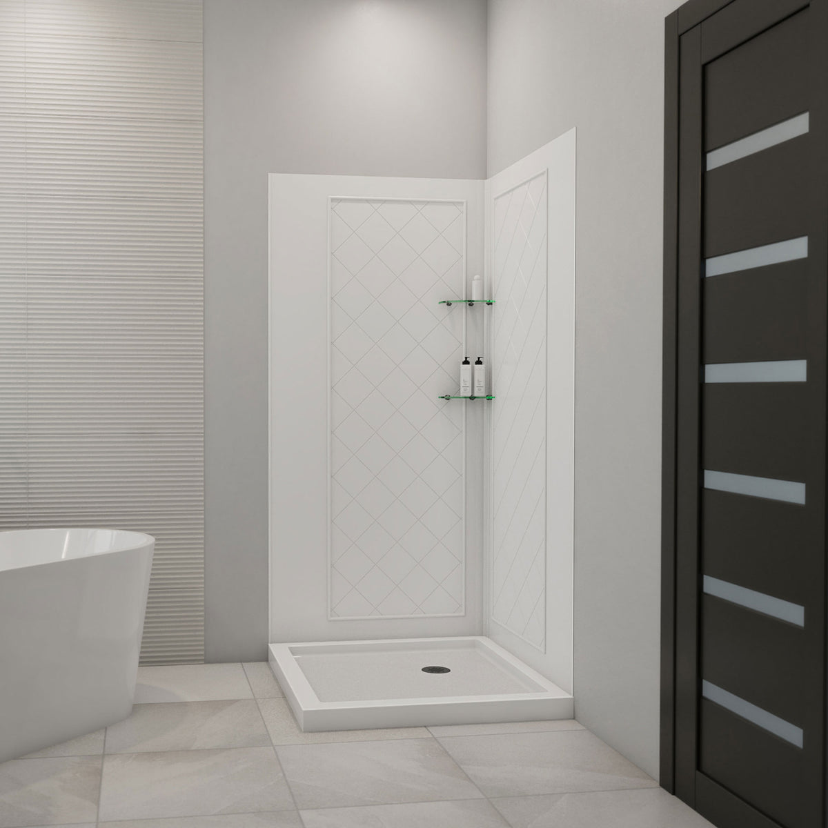 QWALL-4 acrylic corner shower wall kit with white shower base pan installed in a bathroom