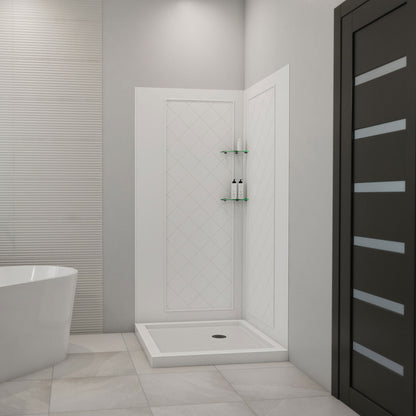 QWALL-4 acrylic corner shower wall kit with white shower base pan installed in a bathroom