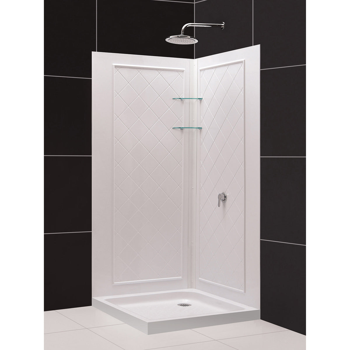 White acrylic low profile shower base pan with corner drain