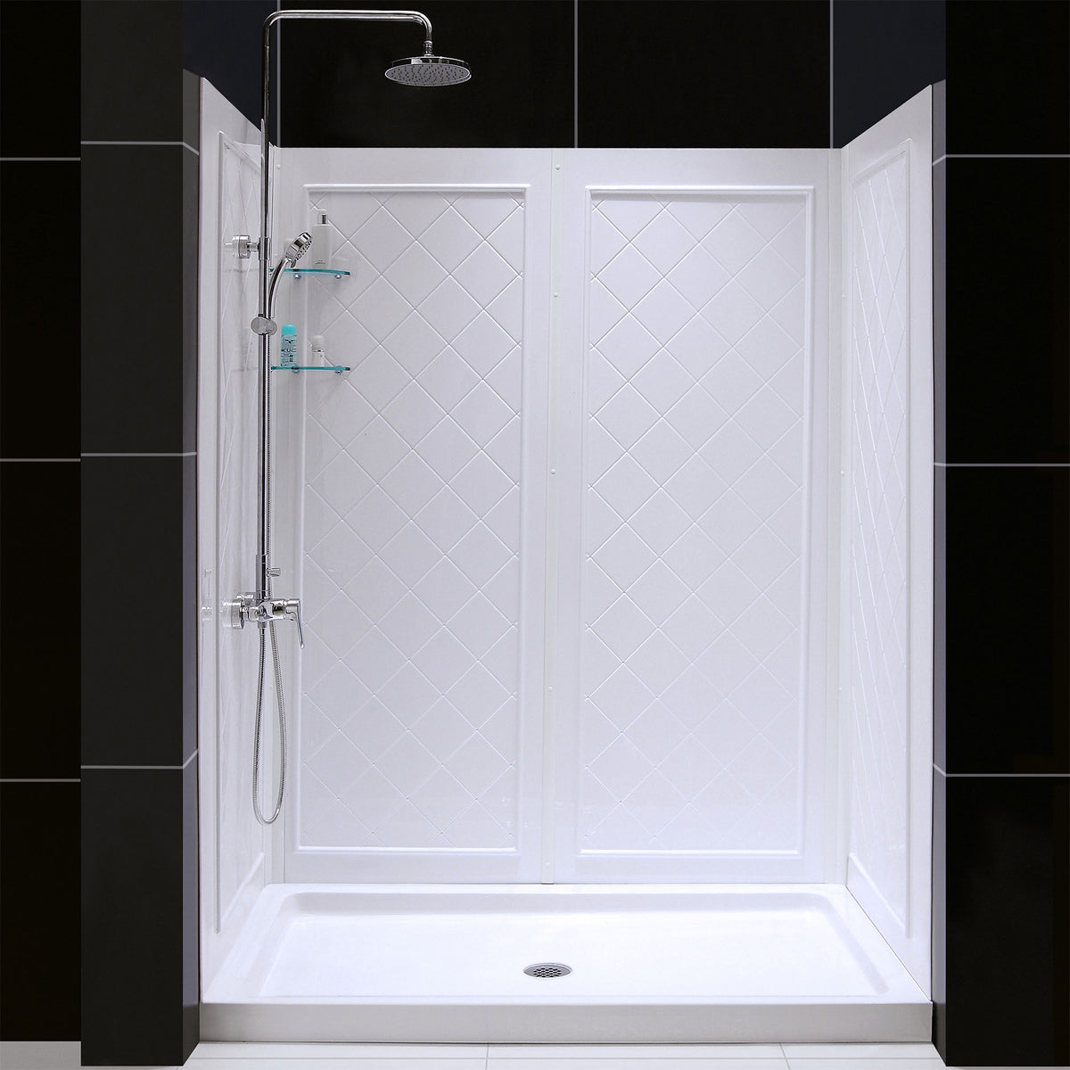 QWALL-5 acrylic shower wall kit with white shower base pan installed in a bathroom