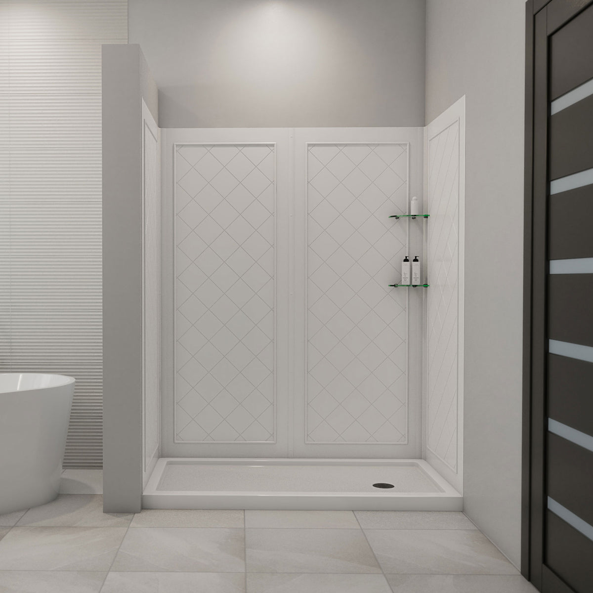 QWALL-5 acrylic shower wall kit with white shower base pan installed in a bathroom
