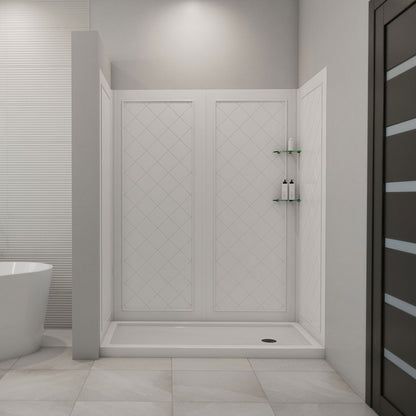QWALL-5 acrylic shower wall kit with white shower base pan installed in a bathroom