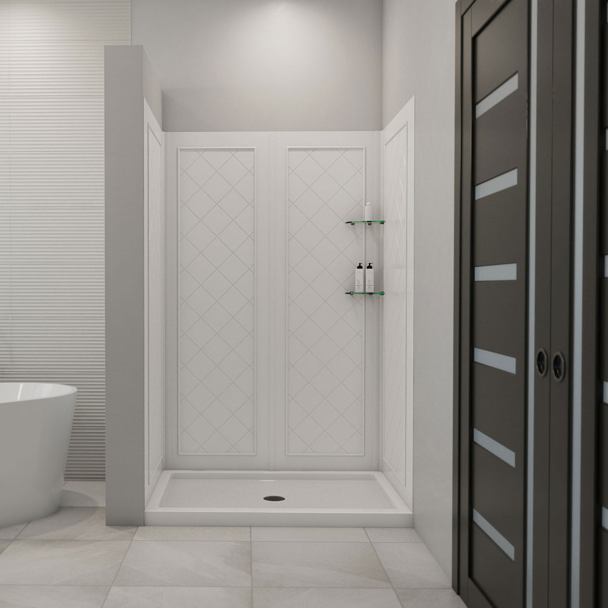 QWALL-5 acrylic shower wall kit with white shower base pan installed in a bathroom