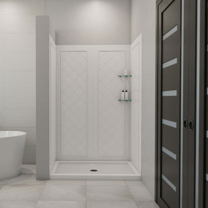 QWALL-5 acrylic shower wall kit with white shower base pan installed in a bathroom