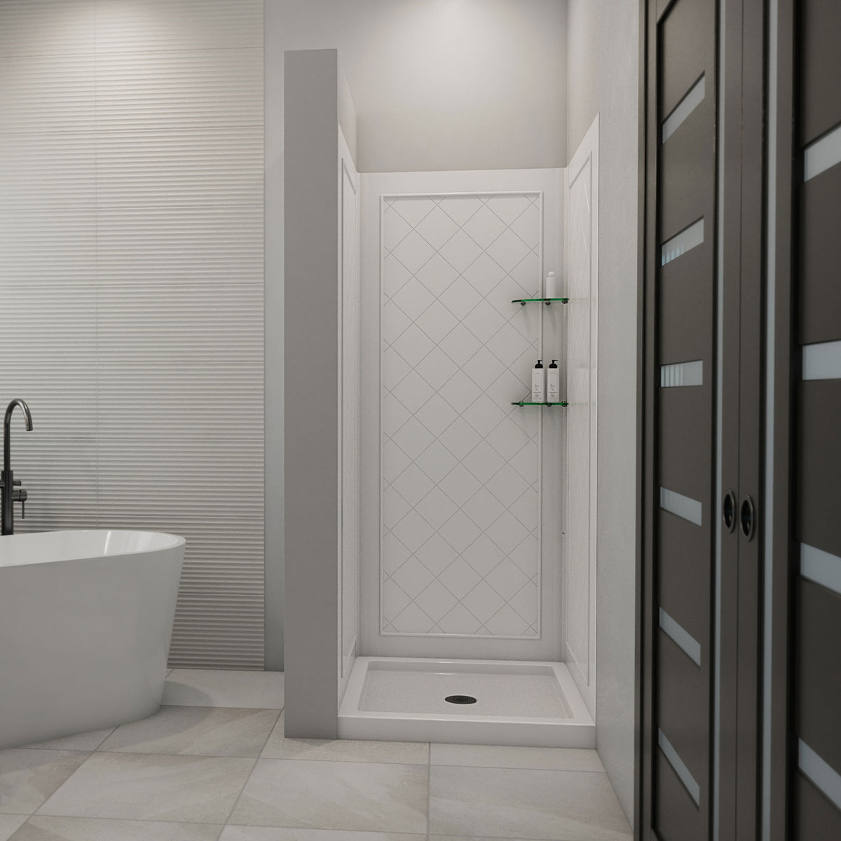 QWALL-5 acrylic shower wall kit with white shower base pan installed in a bathroom