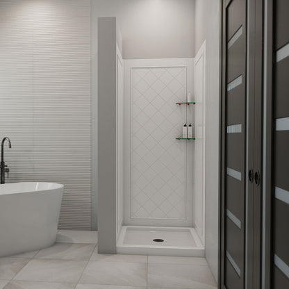 QWALL-5 acrylic shower wall kit with white shower base pan installed in a bathroom