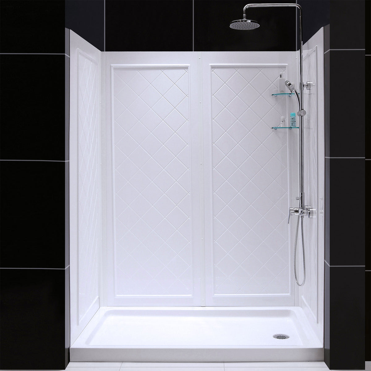 QWALL-5 acrylic shower wall kit with white shower base pan installed in a bathroom
