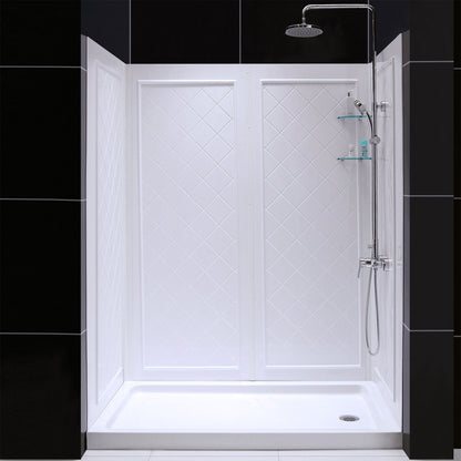 QWALL-5 acrylic shower wall kit with white shower base pan installed in a bathroom