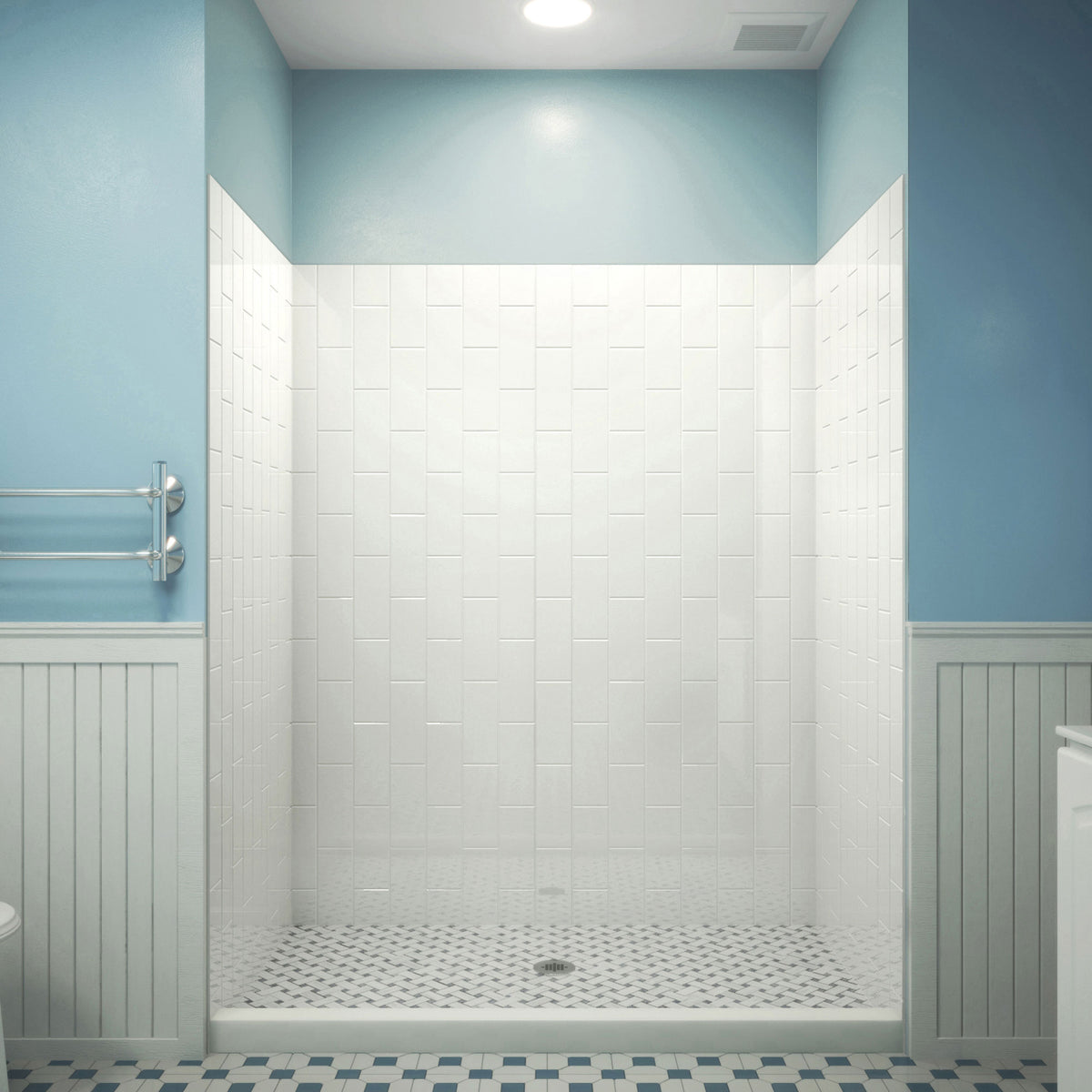 QWALL-VS acrylic alcove shower wall kit in white with vertical subway pattern installed over a shower base